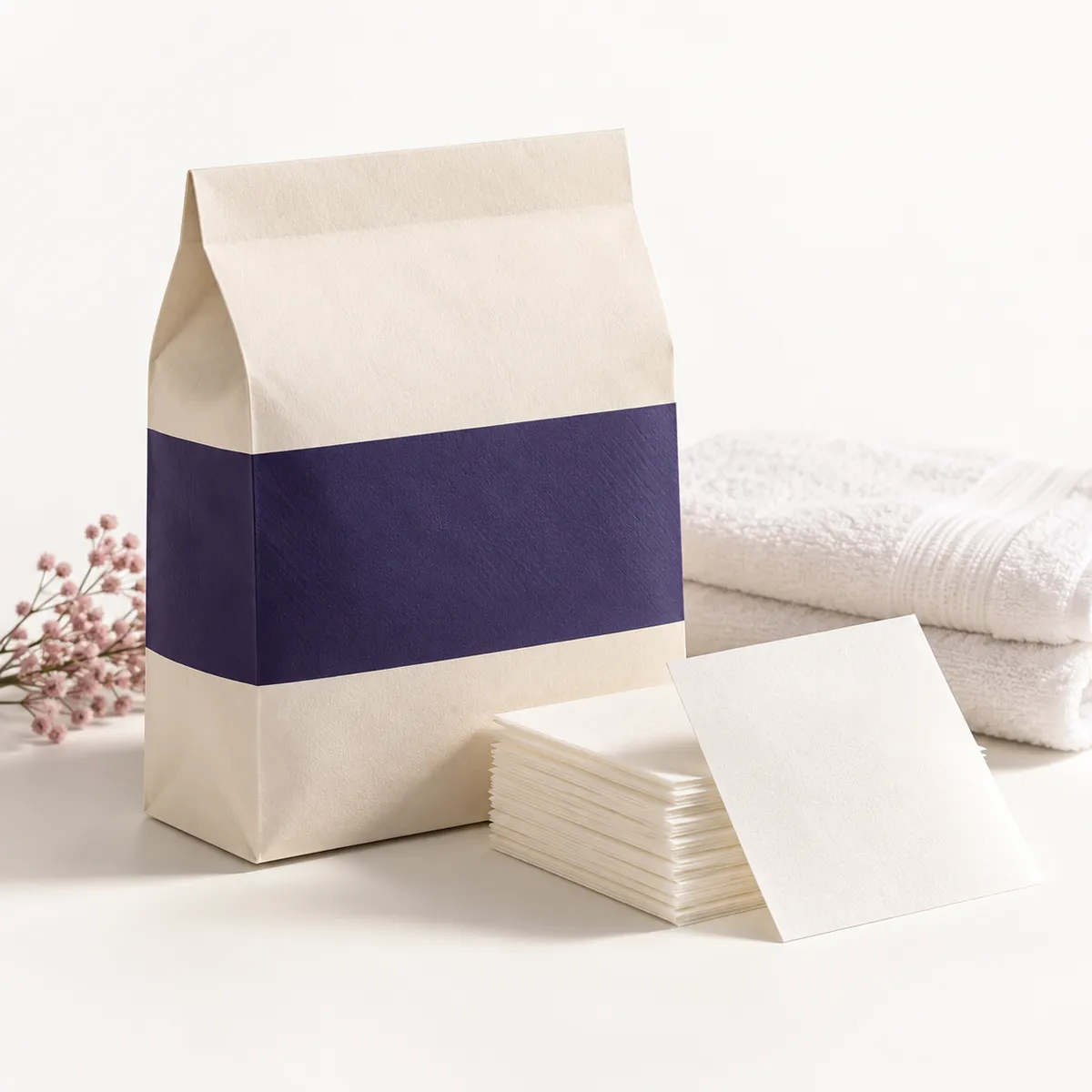 Illustrative cream paper pack with a blank violet label, white detergent sheets and a folded cotton towel.